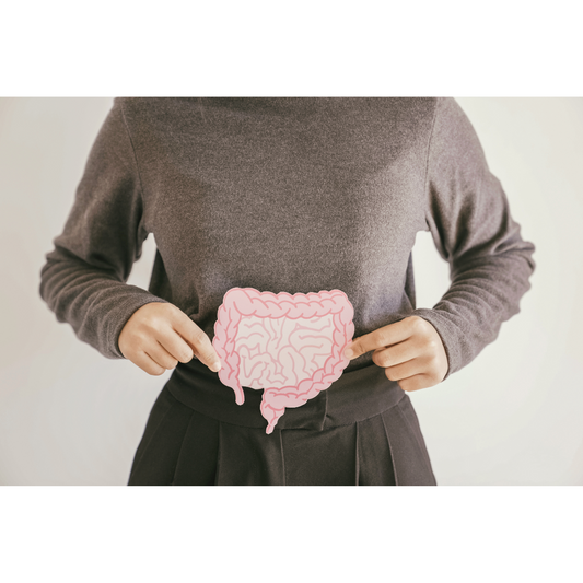 image of woman showing an image of the colon