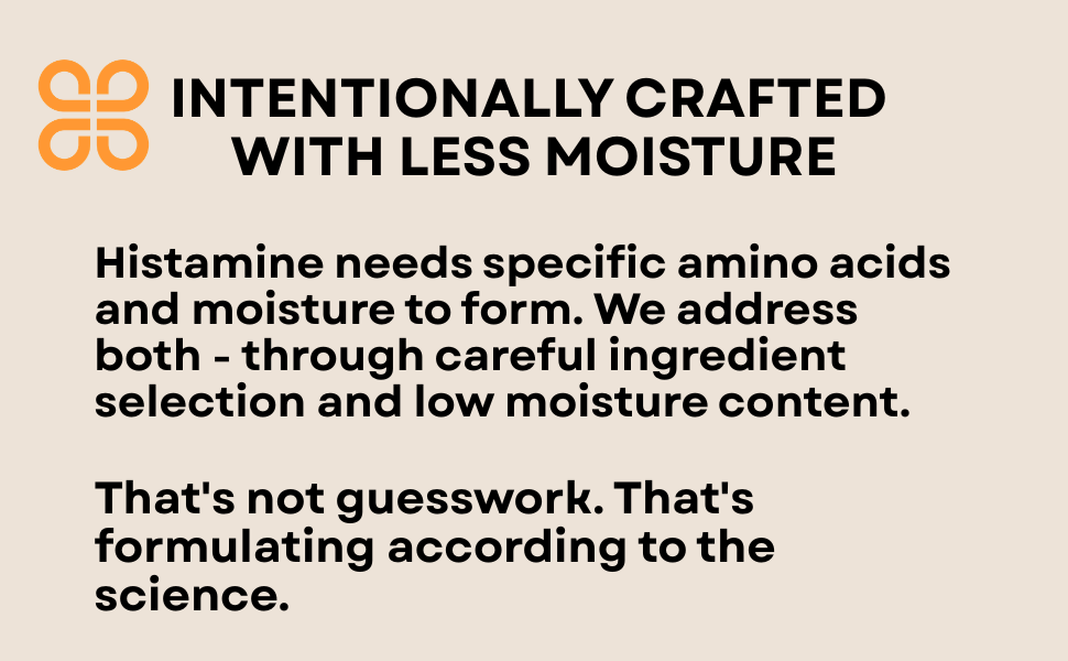 Text on a beige background about histamine formation and ingredient selection.