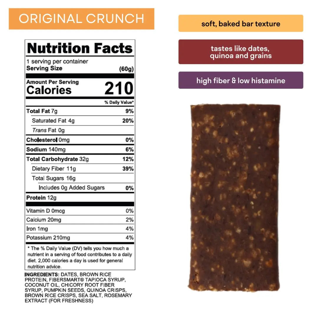 nutrition panel and bar image for blueberry chia low histamine protein bar